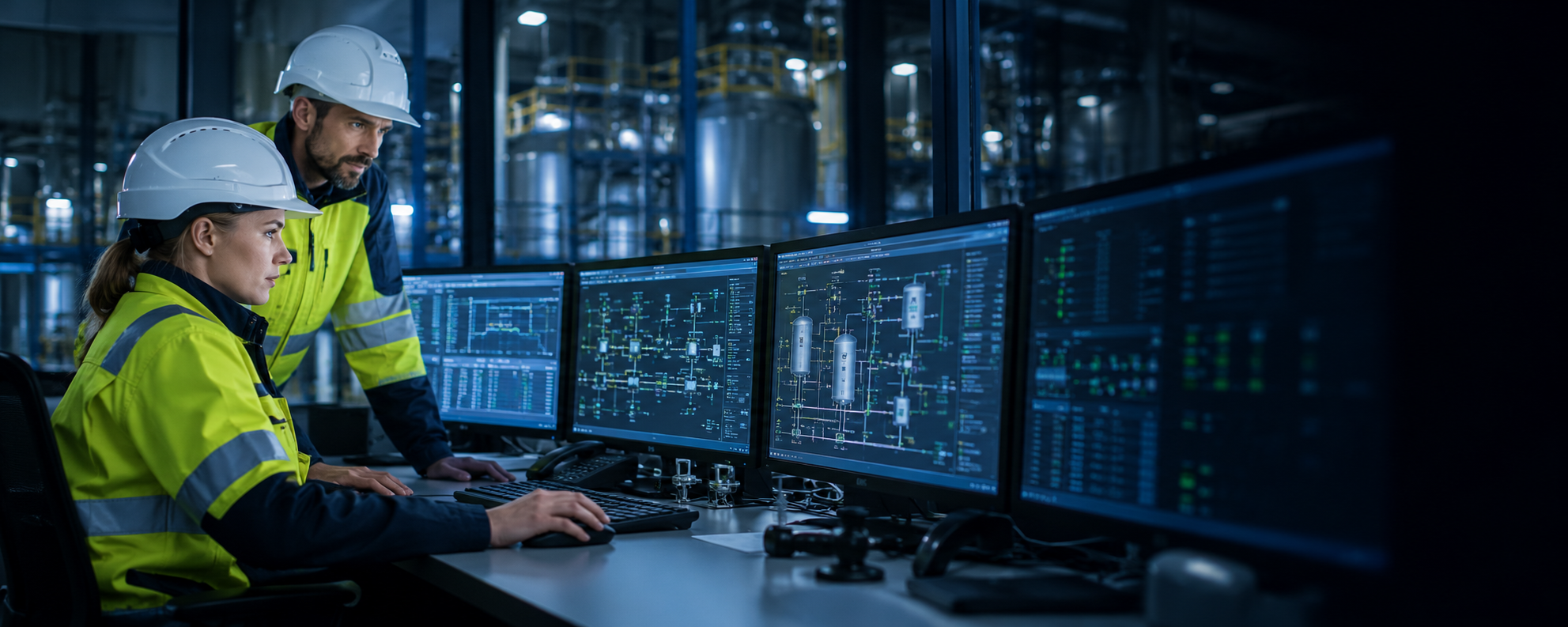 Engineers monitoring an industrial facility from its control room